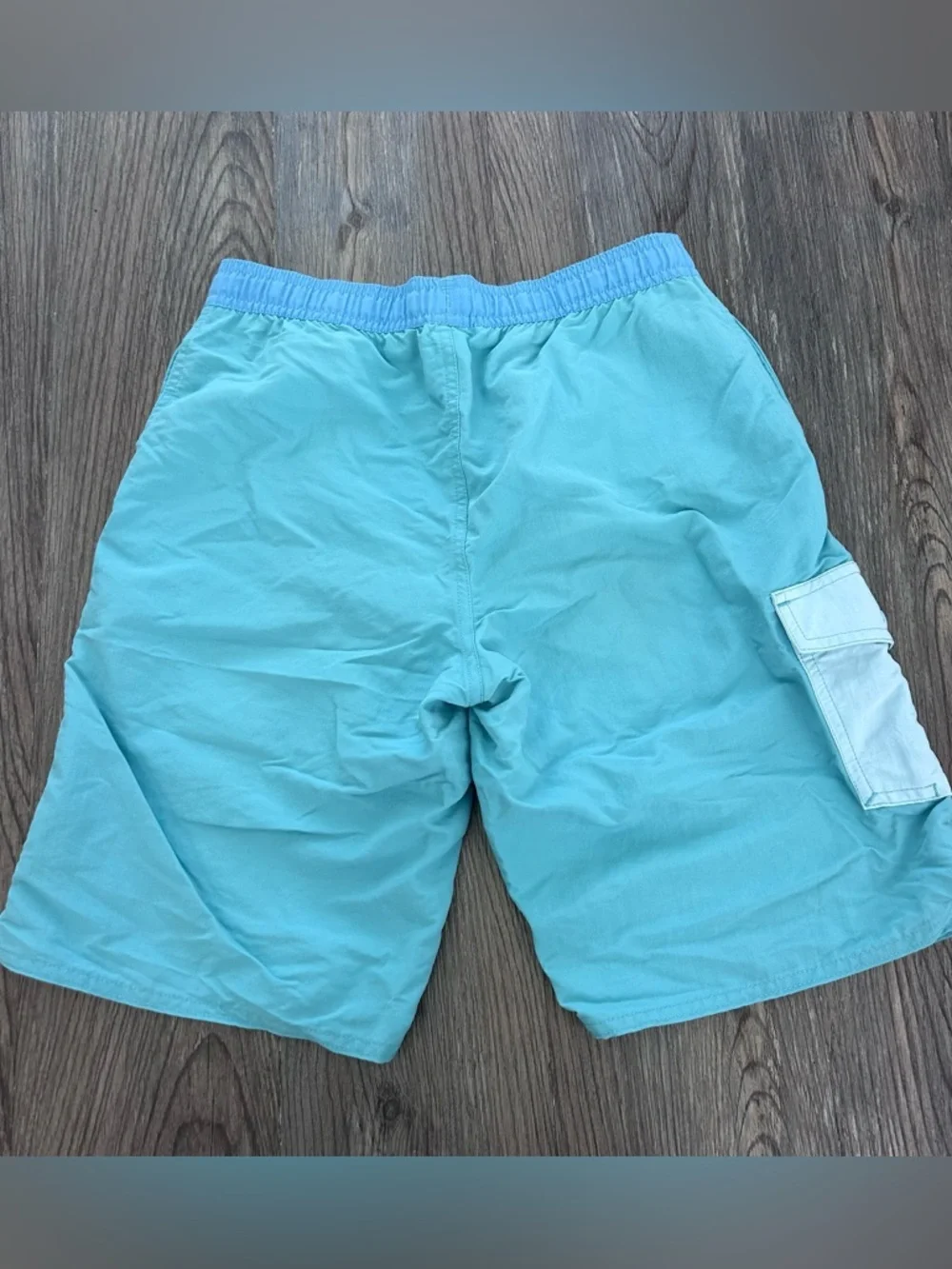 Patagonia Boys Light Aqua Blue Swim Trunks with Blue Drawstring